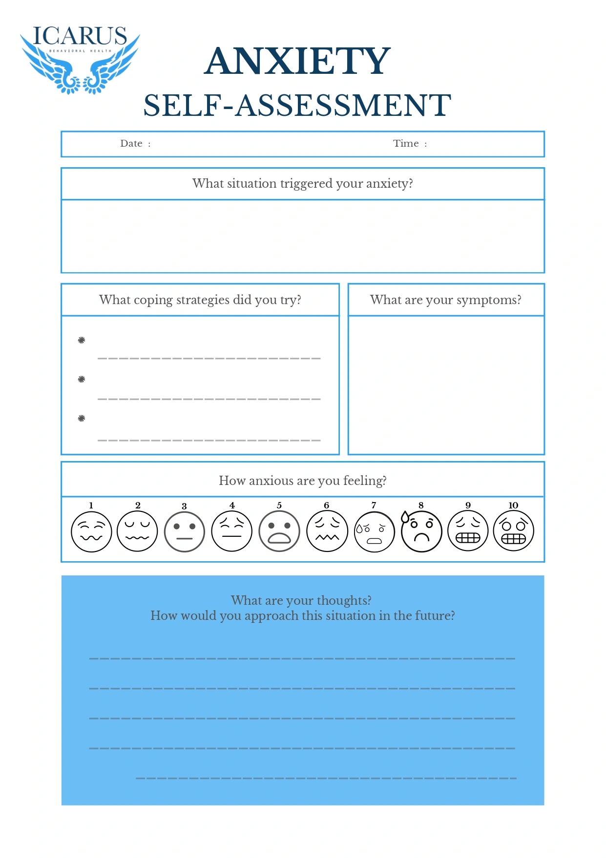 Anxiety Self-Assessment Worksheet - Icarus Behavioral Health