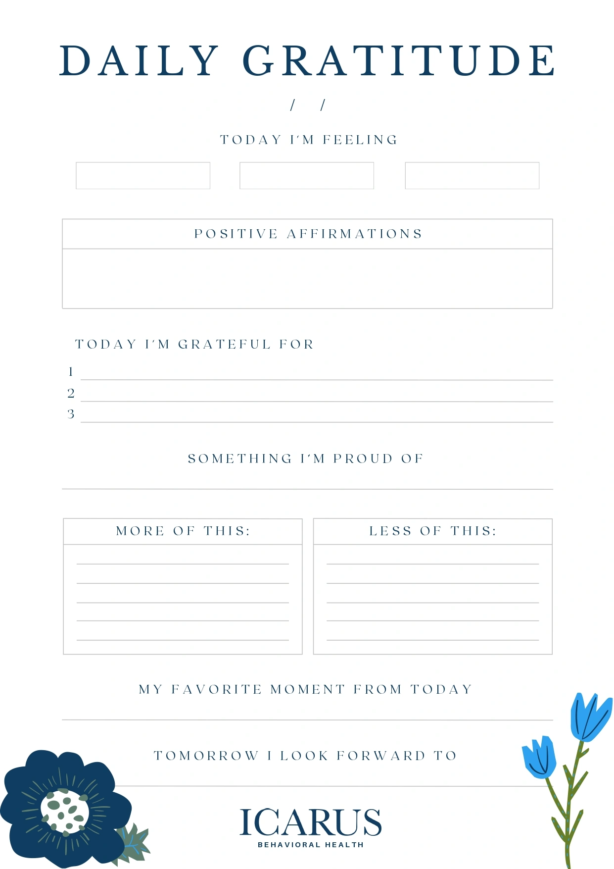 Daily Gratitude Journal Worksheet - Icarus Behavioral Health