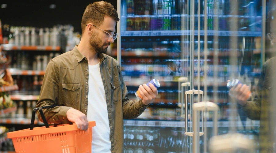 Man reading the details on a beverage can in a store - Know What You are Consuming - Safe and Effective Alcohol Tapering Strategies