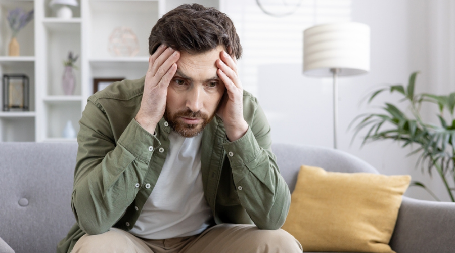 Man sitting alone on a sofa with hands on his forehead looking disturbed - Memory Loss and PTSD - Memory Loss Caused by Trauma